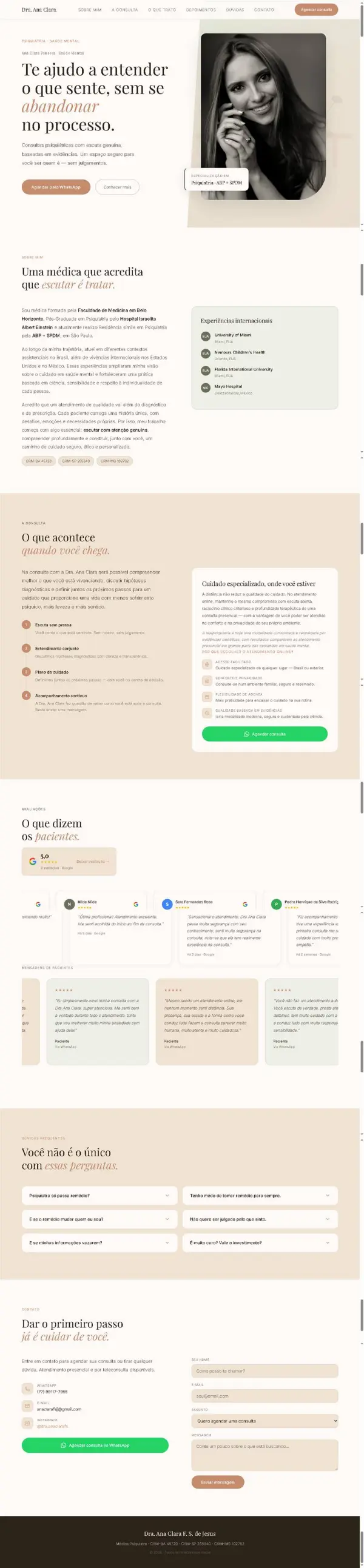 Página inteira do site da psiquiatra Dra. Ana Clara