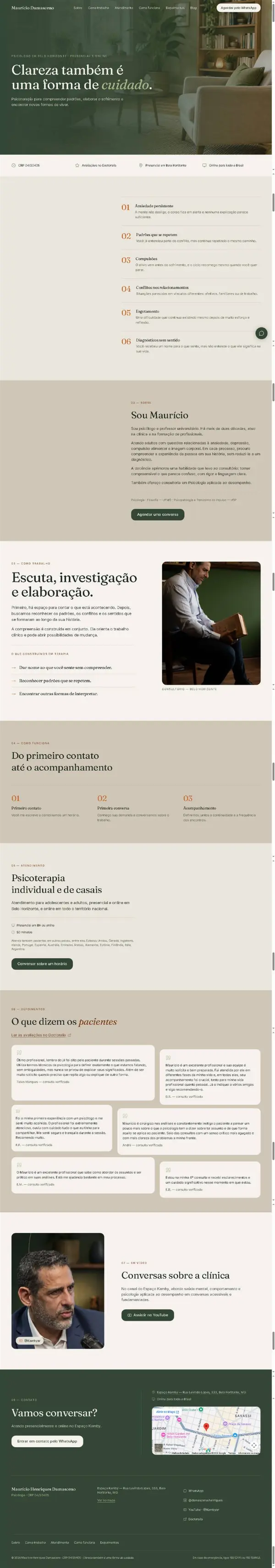 Página inteira do site do psicólogo Maurício Damasceno